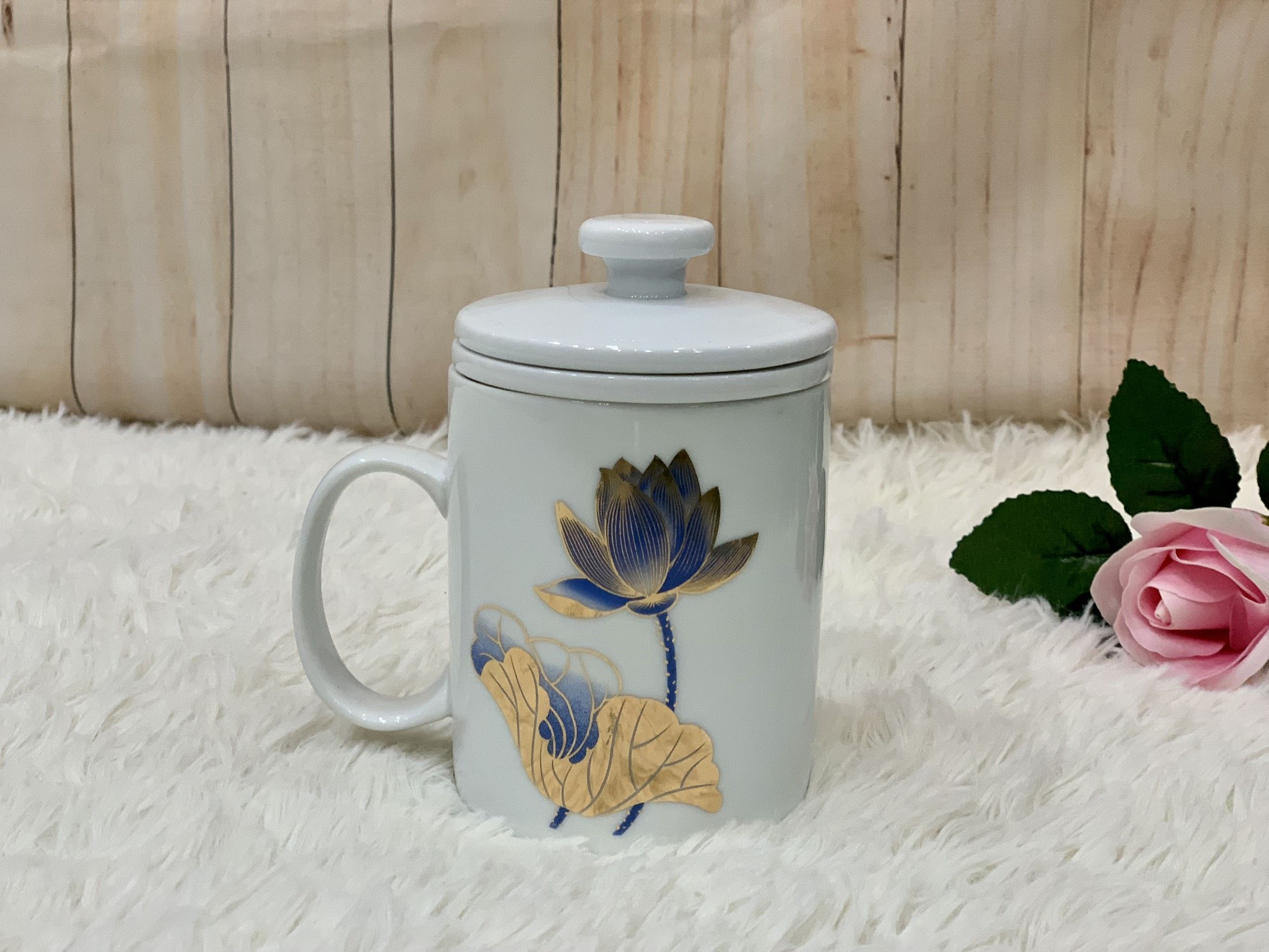 Ly lọc trà vẽ hoa sen H12cm 330ml MNV-LLT05-1