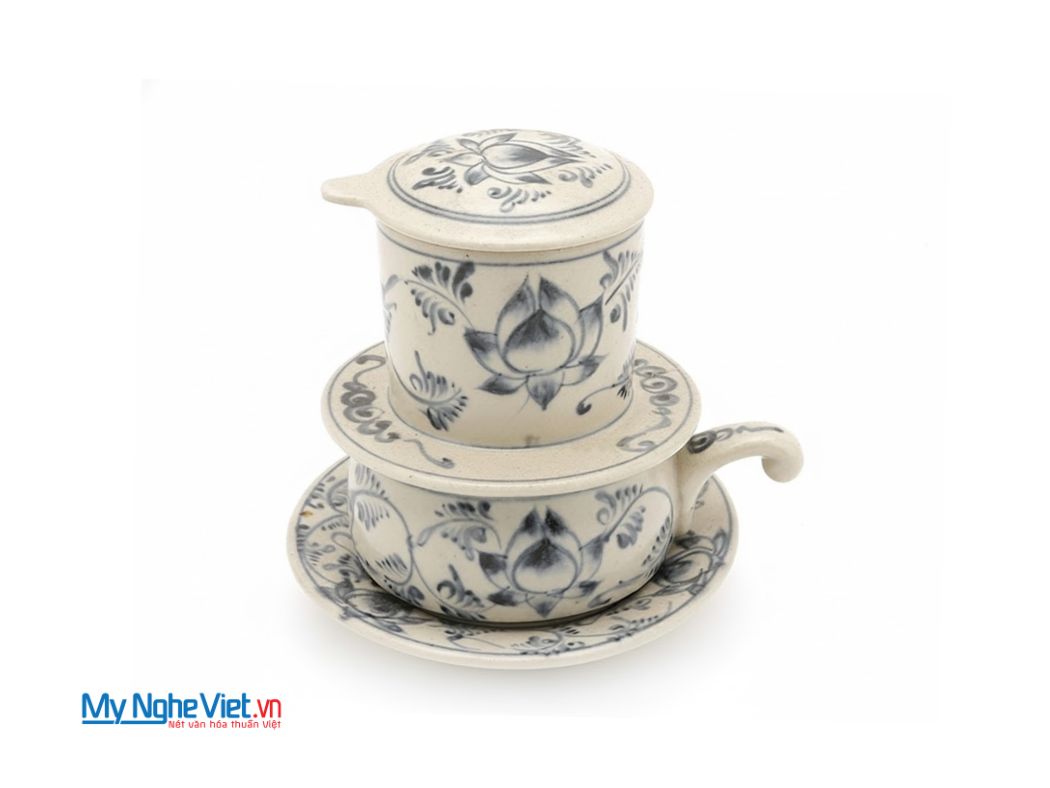 Bộ Quà Tặng Phin Cà Phê Gốm Vẽ Sen Xanh Thấp và Hộp Quà Tặng Cao Cấp CBMNV-CF004/1