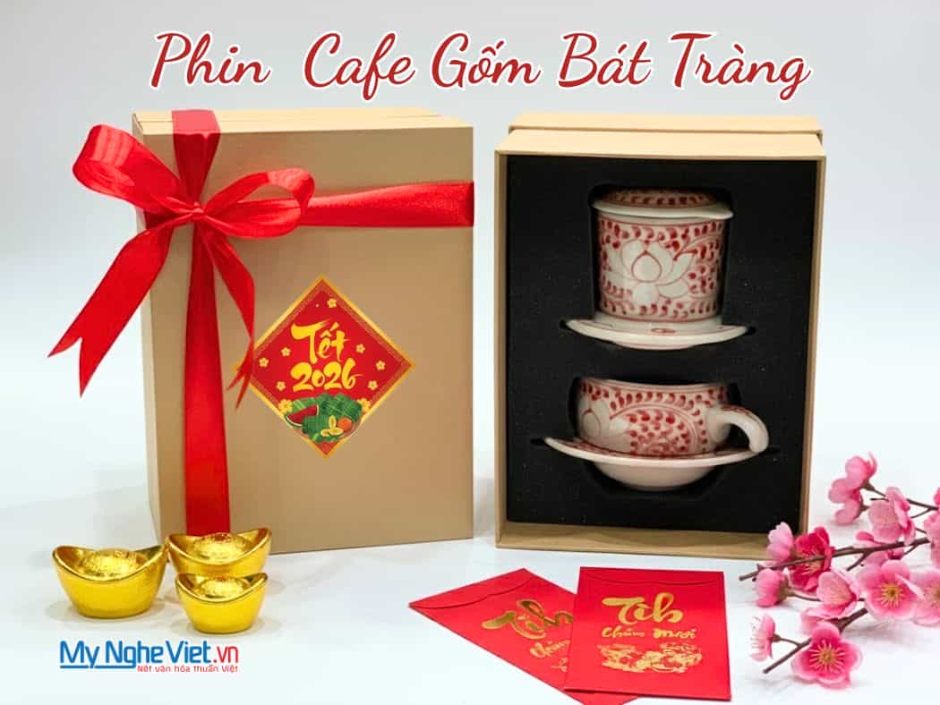 Bộ quà tặng phin cà phê gốm thấp vẽ sen đỏ và hộp quà tặng cao cấp CBCFVH014