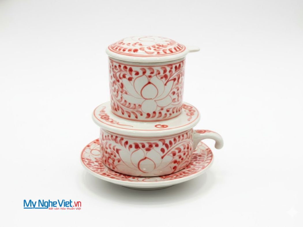 Bộ quà tặng phin cà phê gốm thấp vẽ sen đỏ và hộp quà tặng cao cấp CBCFVH014