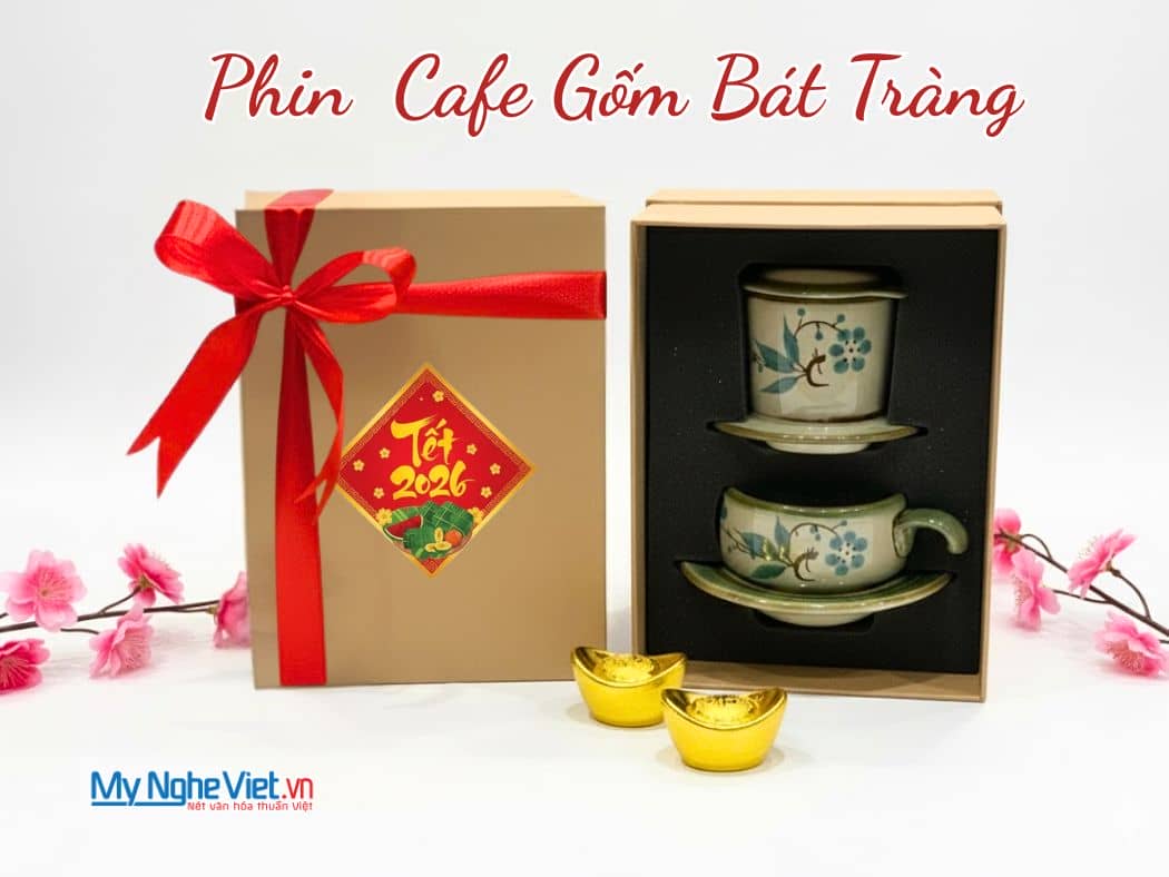 Bộ Quà Tặng Phin Cà Phê Gốm Vẽ Đào Xanh Thấp và Hộp Quà Tặng Cao Cấp CBMNV-CFV001-2
