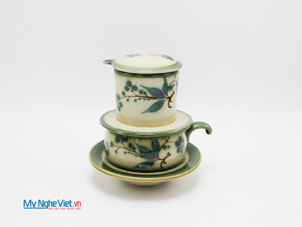 Bộ Quà Tặng Phin Cà Phê Gốm Vẽ Đào Xanh Thấp và Hộp Quà Tặng Cao Cấp CBMNV-CFV001-2