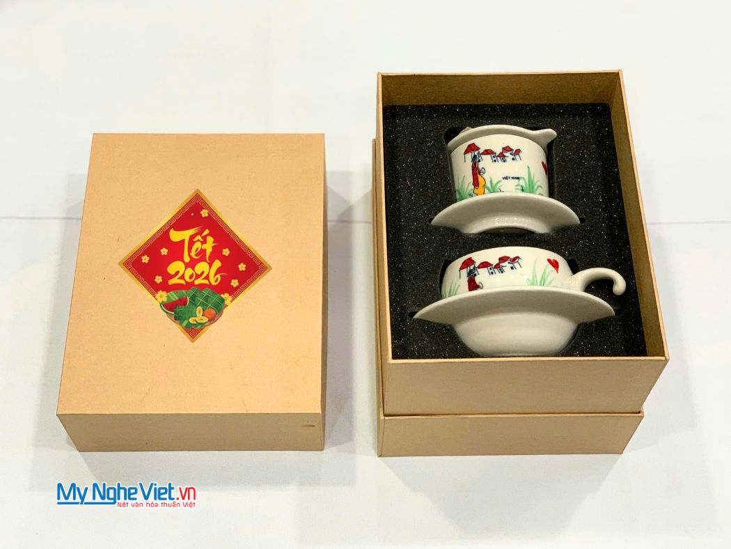 Bộ quà tặng phin cà phê gốm thấp vẽ 1 cô gái và hộp quà tặng cao cấp CBCFVH004.4
