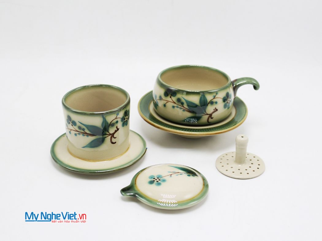 Bộ Quà Tặng Phin Cà Phê Gốm Vẽ Đào Xanh Thấp và Hộp Quà Tặng Cao Cấp CBMNV-CFV001-2