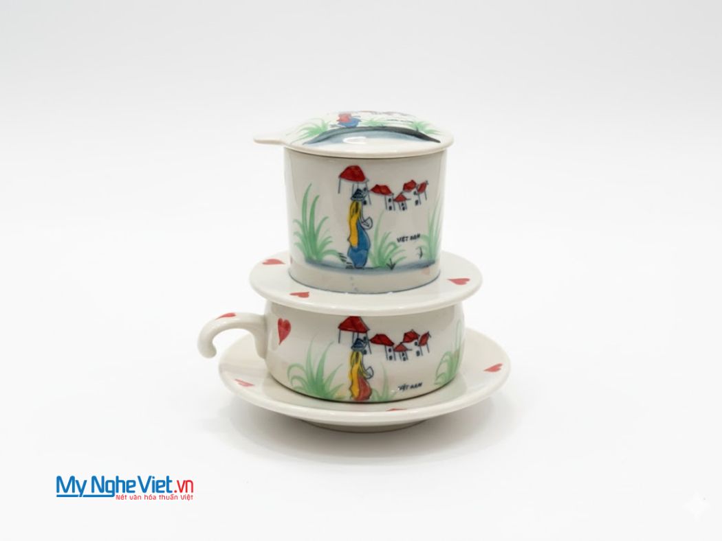 Bộ quà tặng phin cà phê gốm thấp vẽ 1 cô gái và hộp quà tặng cao cấp CBCFVH004.4