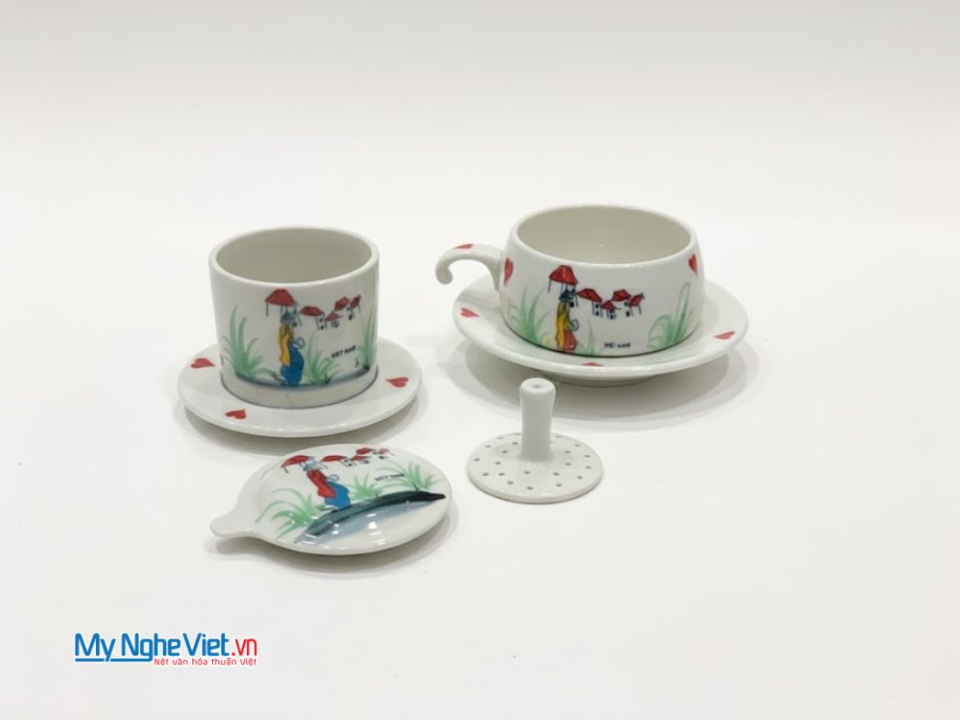 Bộ quà tặng phin cà phê gốm thấp vẽ 1 cô gái và hộp quà tặng cao cấp CBCFVH004.4