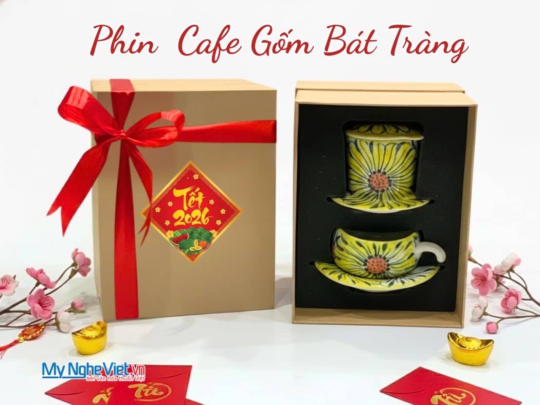 Bộ quà tặng phin cà phê gốm thấp vẽ hoa hướng dương và hộp quà tặng cao cấp CBCFVH001