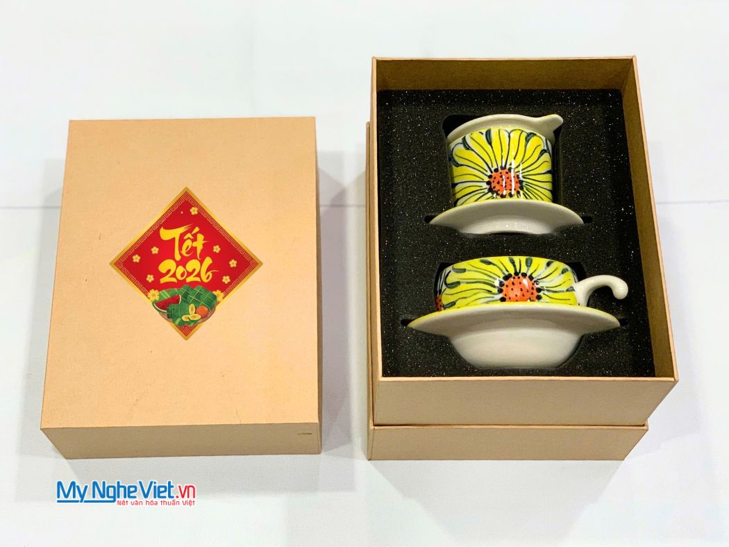 Bộ quà tặng phin cà phê gốm thấp vẽ hoa hướng dương và hộp quà tặng cao cấp CBCFVH001