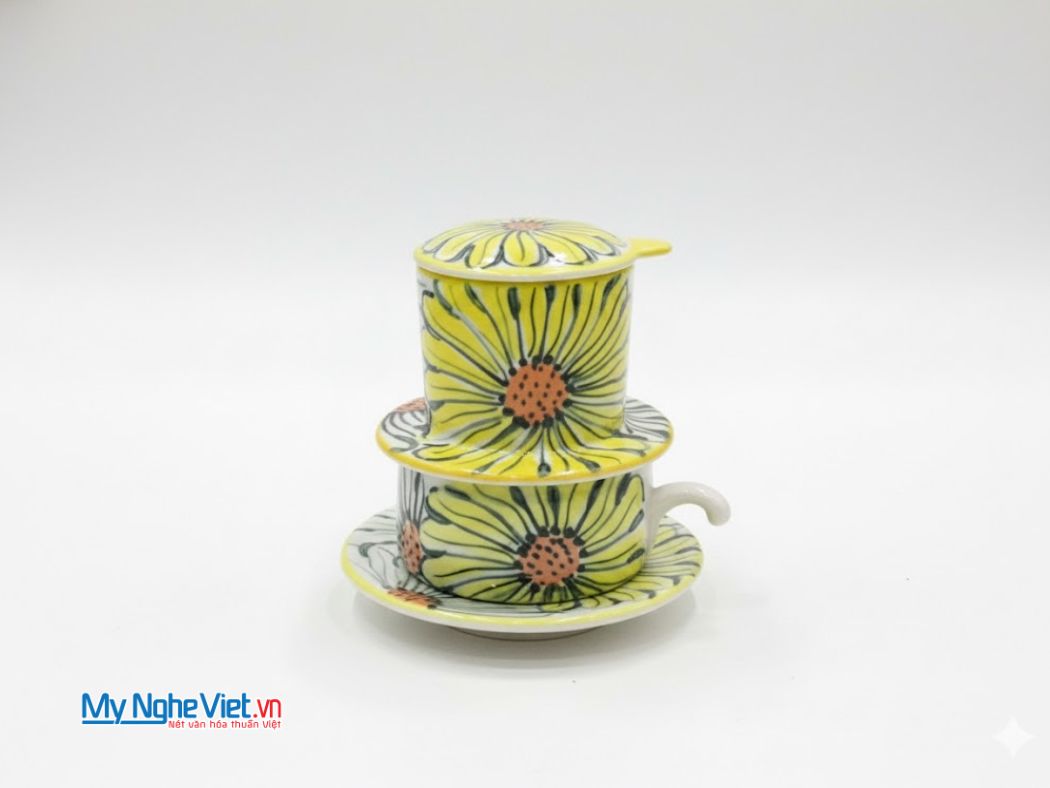 Bộ quà tặng phin cà phê gốm thấp vẽ hoa hướng dương và hộp quà tặng cao cấp CBCFVH001