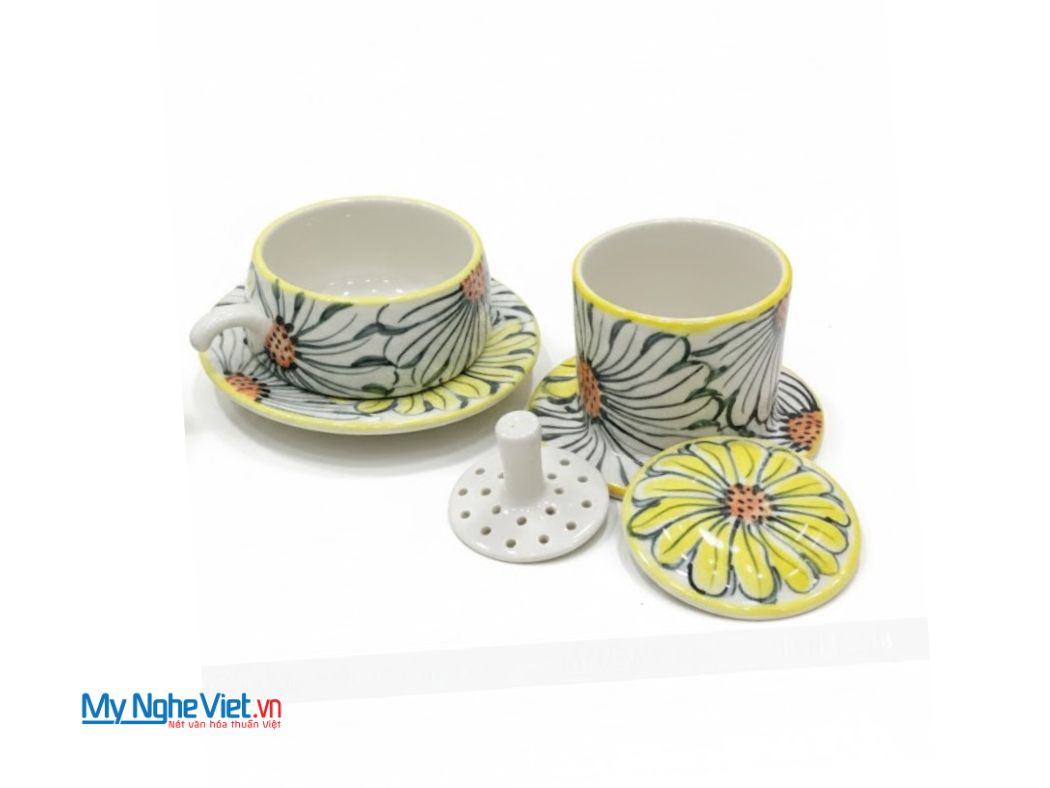Bộ quà tặng phin cà phê gốm thấp vẽ hoa hướng dương và hộp quà tặng cao cấp CBCFVH001
