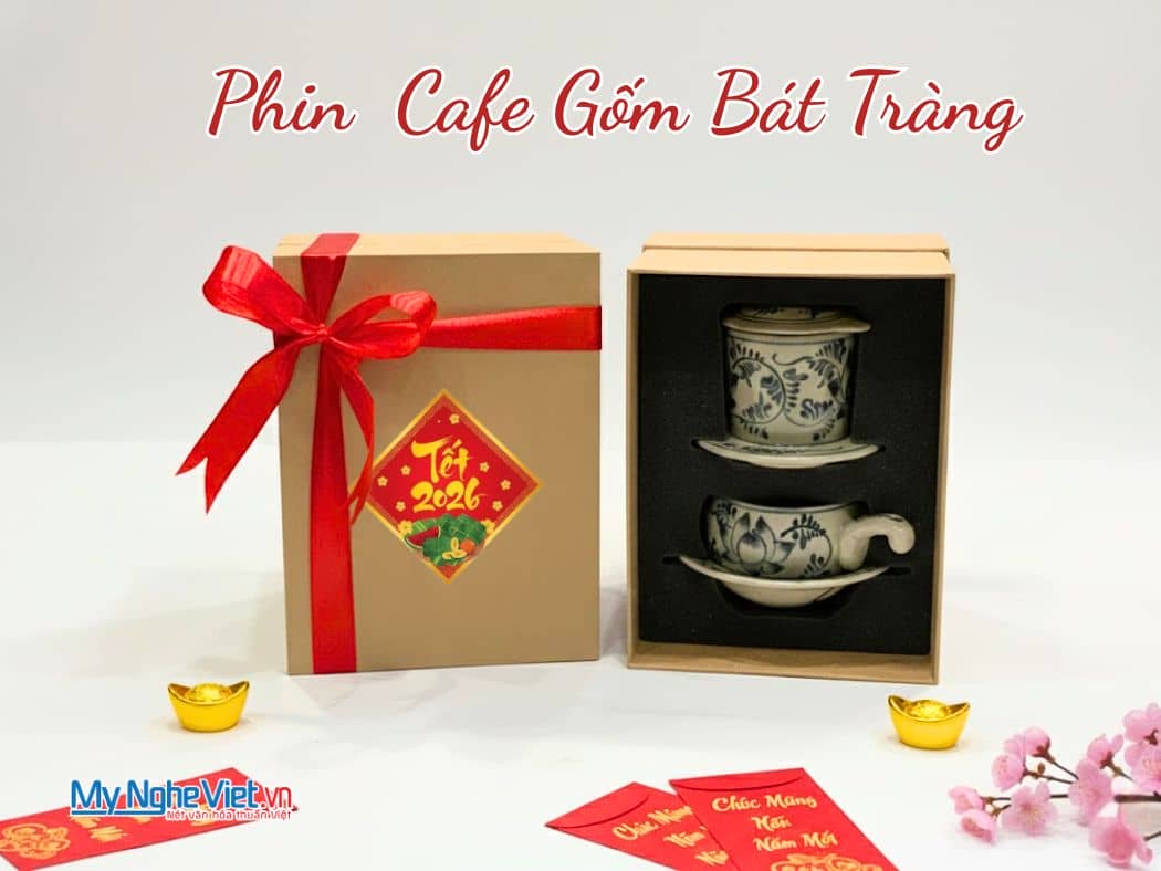 Bộ Quà Tặng Phin Cà Phê Gốm Vẽ Sen Xanh Thấp và Hộp Quà Tặng Cao Cấp CBMNV-CF004/1