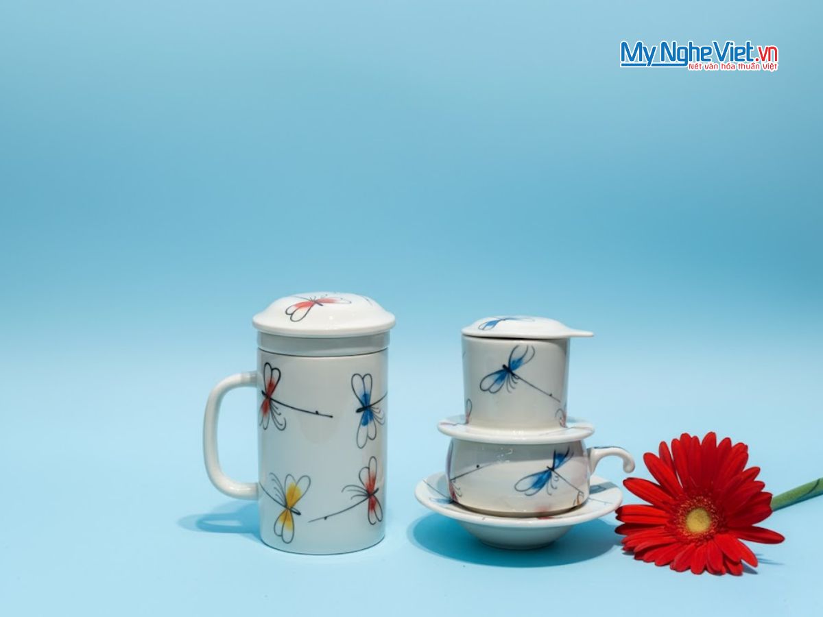 Combo Ly Lọc Trà và phin cafe vẽ chuồn kim xanh đỏ CBCFVH004/7.1