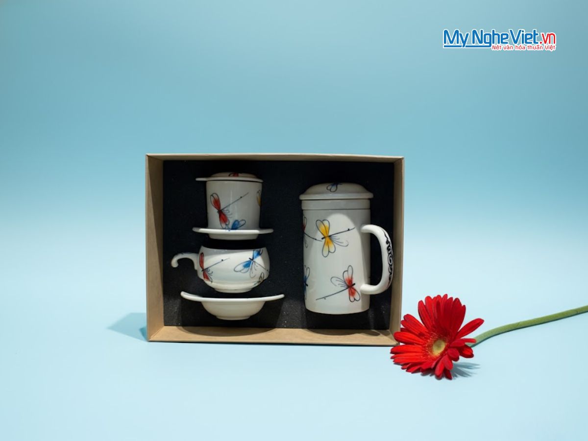 Combo Ly Lọc Trà và phin cafe vẽ chuồn kim xanh đỏ CBCFVH004/7.1