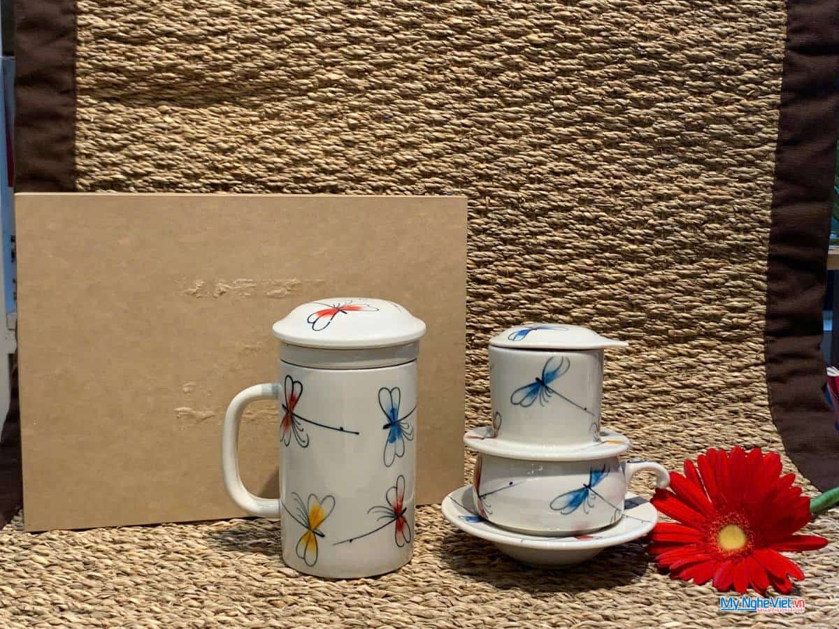 Combo Ly Lọc Trà và phin cafe vẽ chuồn kim xanh đỏ CBCFVH004/7.1