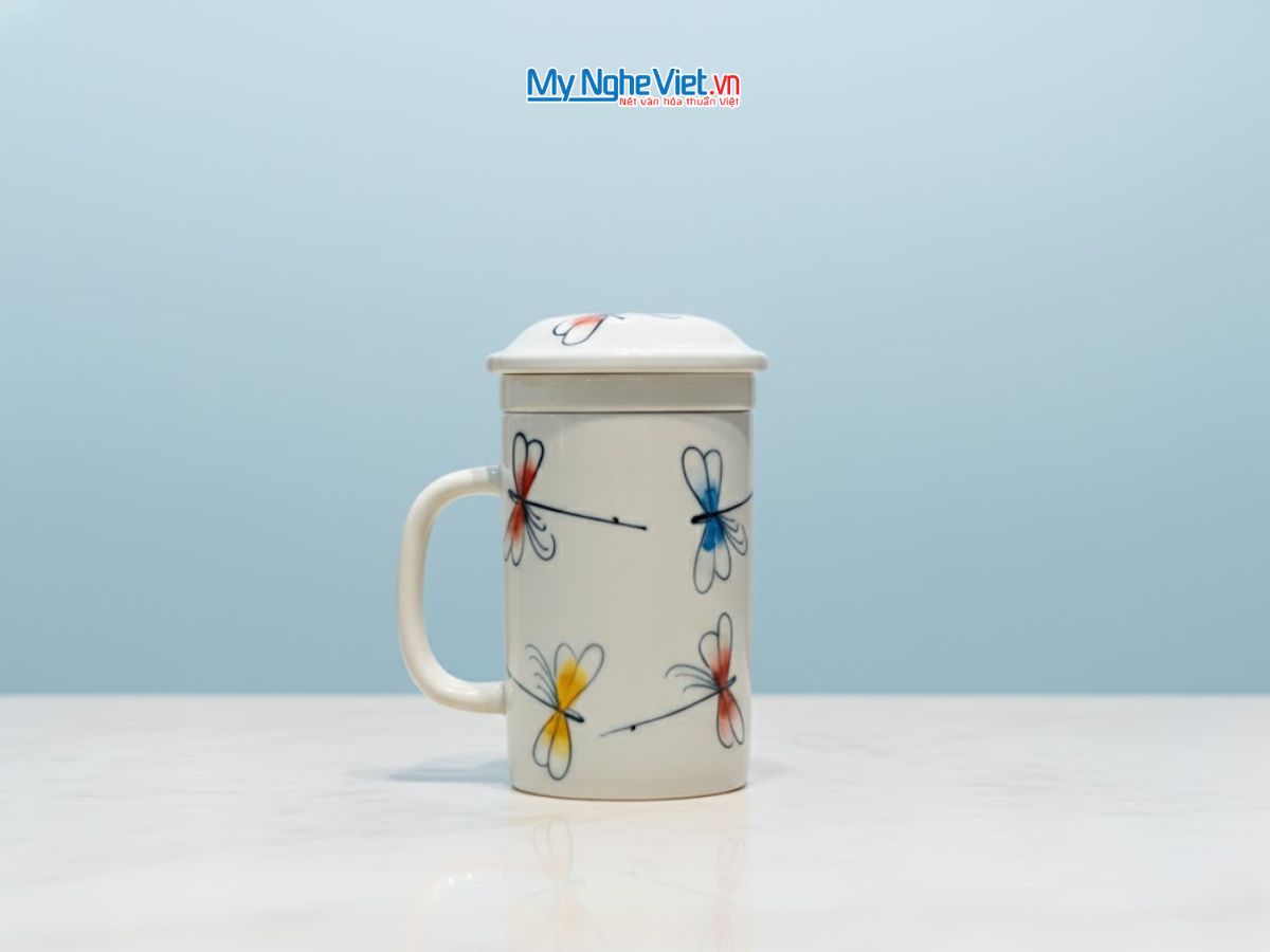 Ly lọc trà vẽ chuồn kim xanh đỏ LLTH007.1