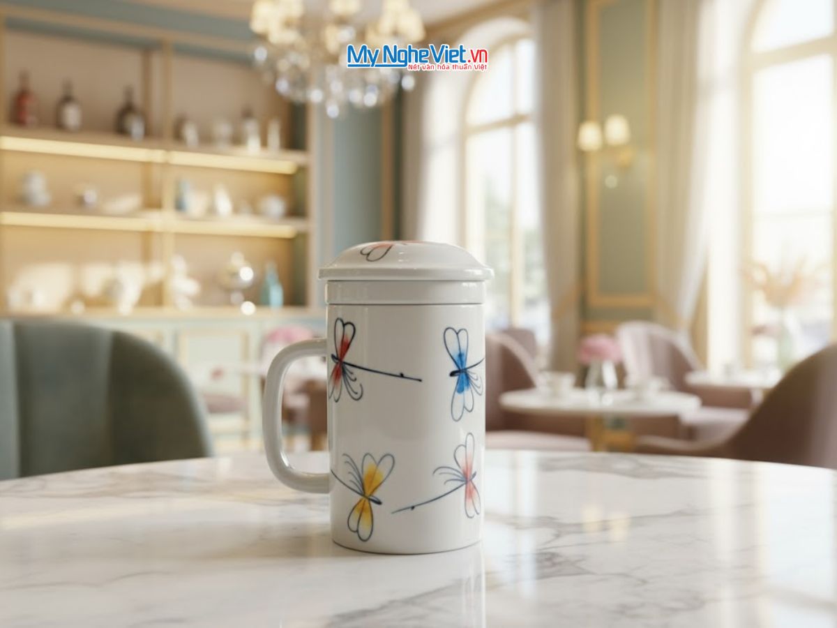 Ly lọc trà vẽ chuồn kim xanh đỏ LLTH007.1