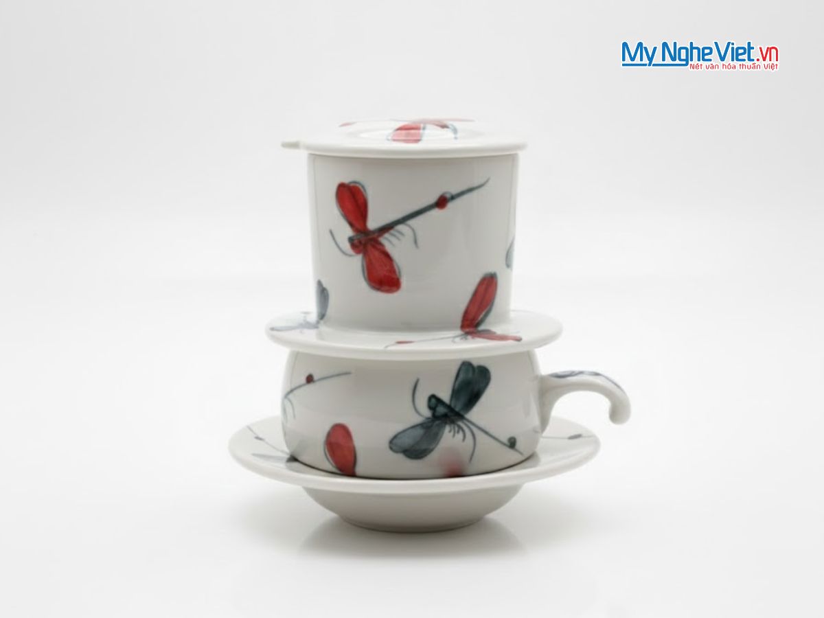 Phin cà phê gốm thấp vẽ chuồn kim đen đỏ CFVH004.6