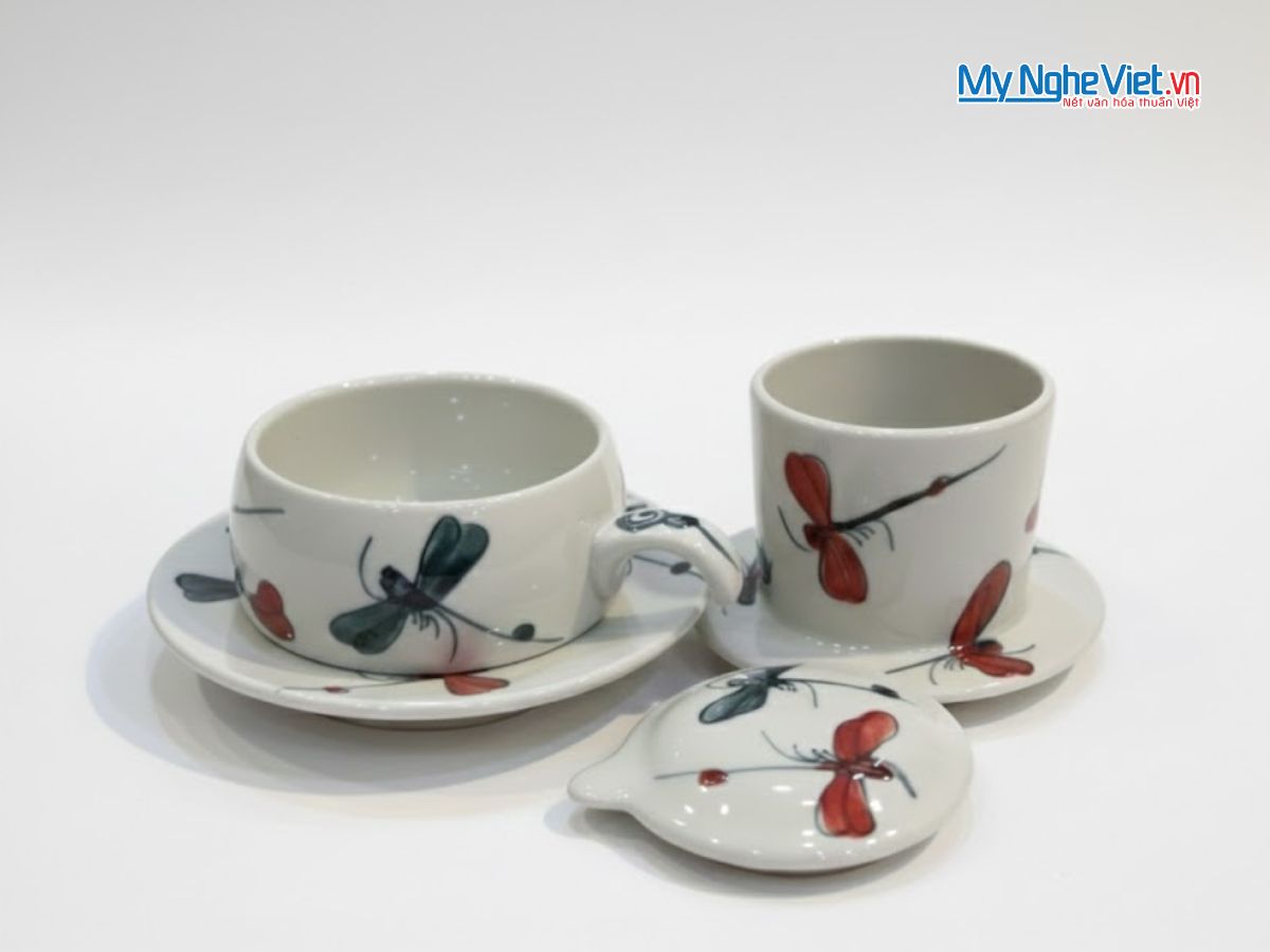 Phin cà phê gốm thấp vẽ chuồn kim đen đỏ CFVH004.6