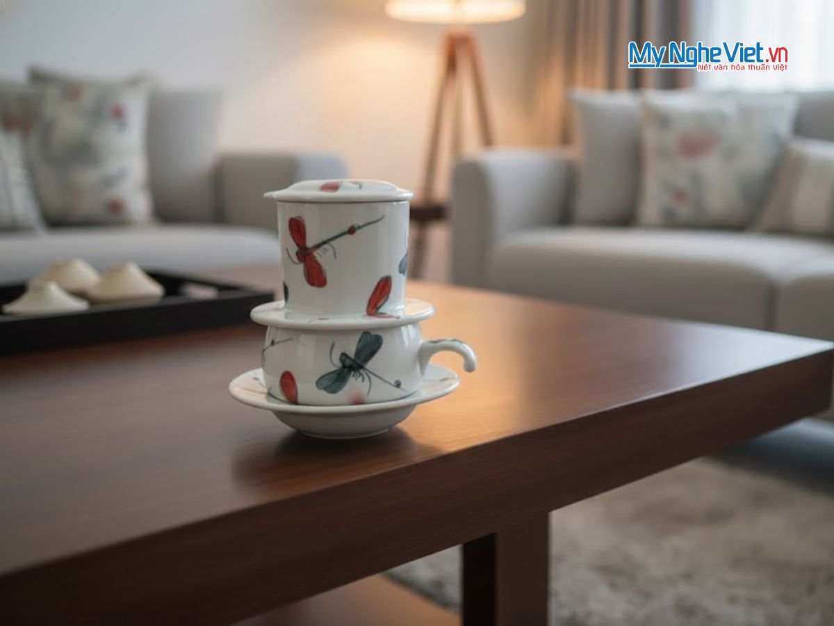 Phin cà phê gốm thấp vẽ chuồn kim đen đỏ CFVH004.6