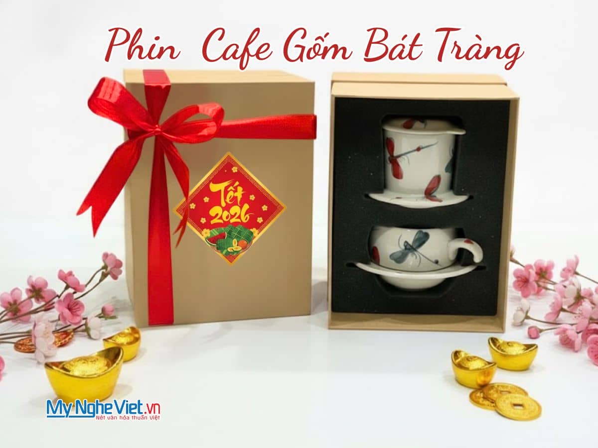 Bộ quà tặng Phin cà phê thấp vẽ chuồn kim đen đỏ và hộp quà tặng cao cấp CBCFVH004.6