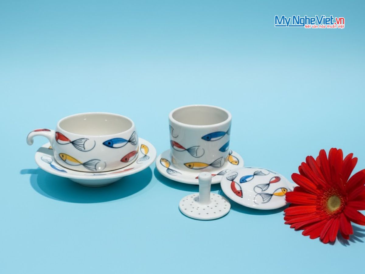 Phin cà phê thấp vẽ cá đàn màu CFVH004.2