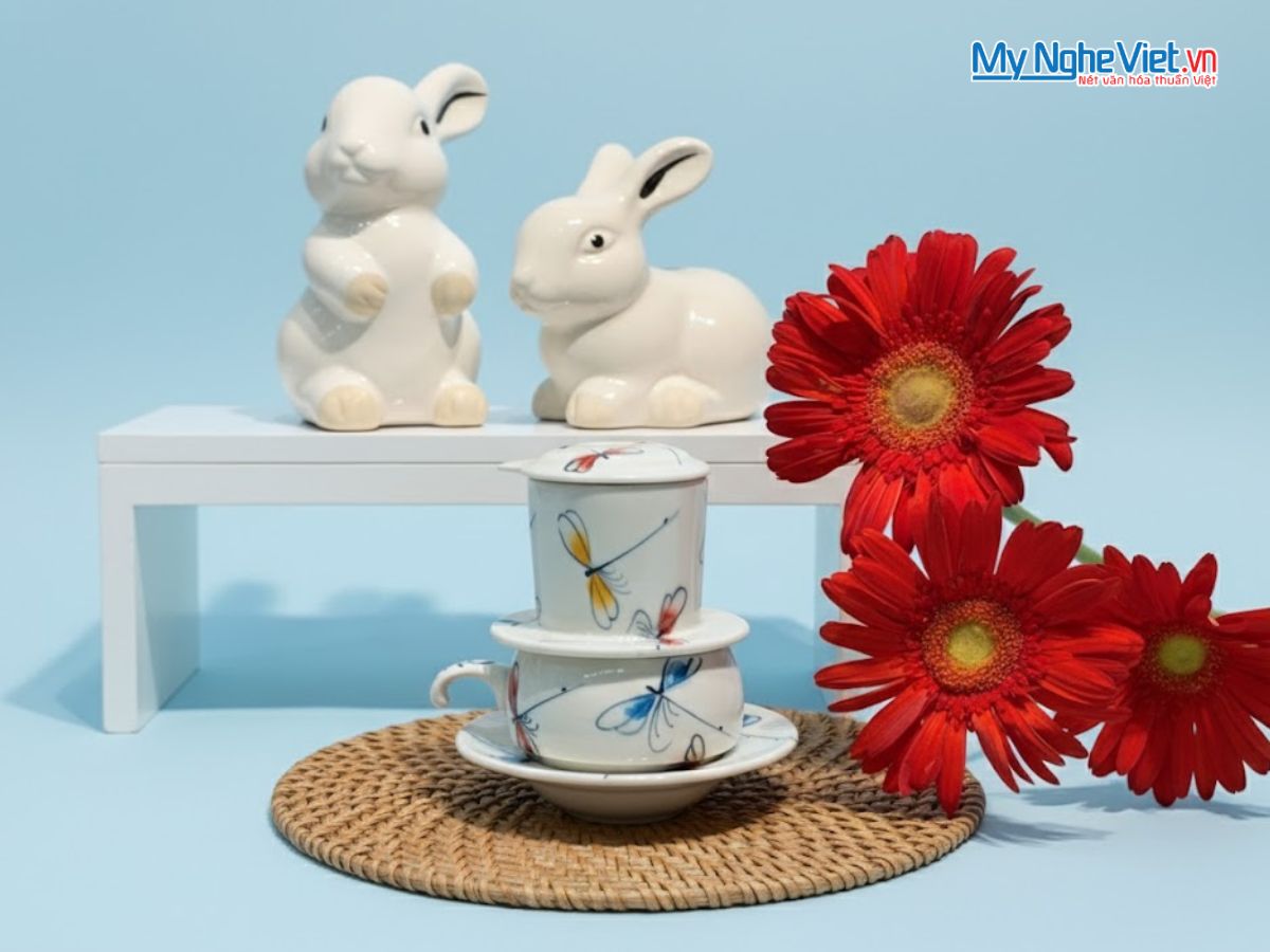 Phin cà phê thấp vẽ chuồn kim xanh đỏ CFVH004.1