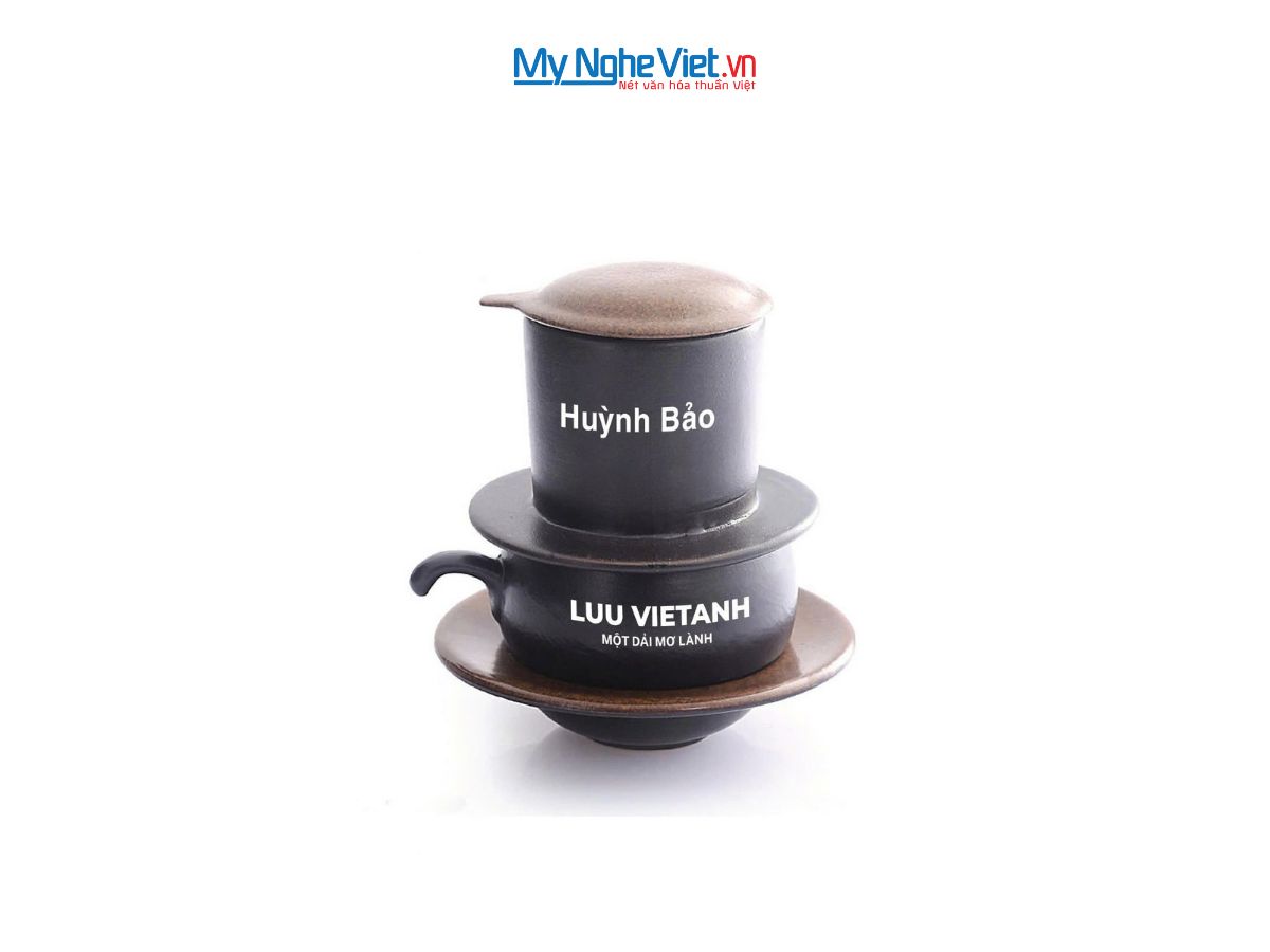 Phin cafe gốm Bát Tràng thấp màu nâu logo LUU VIETANH