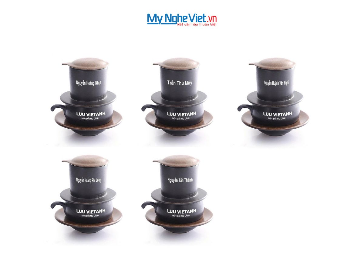 Phin cafe gốm Bát Tràng thấp màu nâu logo LUU VIETANH