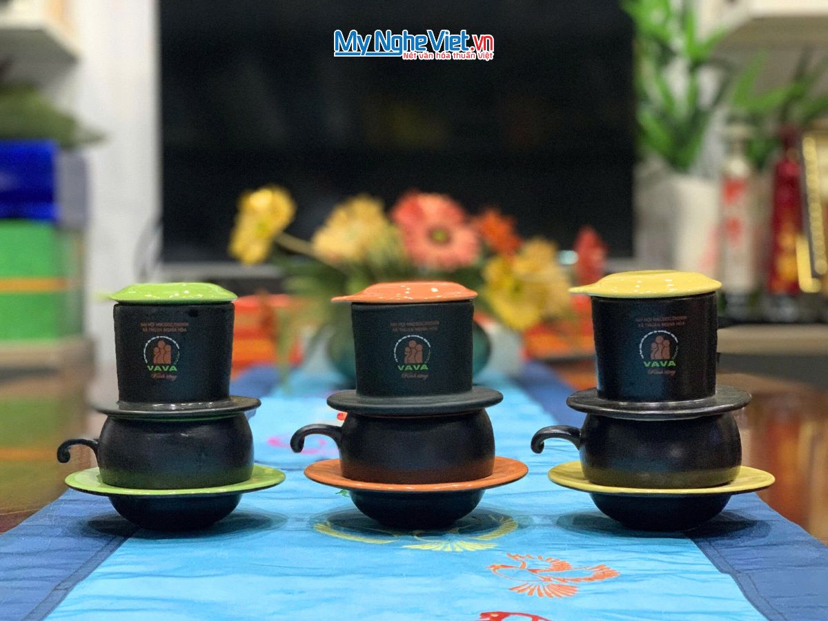 Phin cafe gốm Bát Tràng thấp màu cam logo VAVA