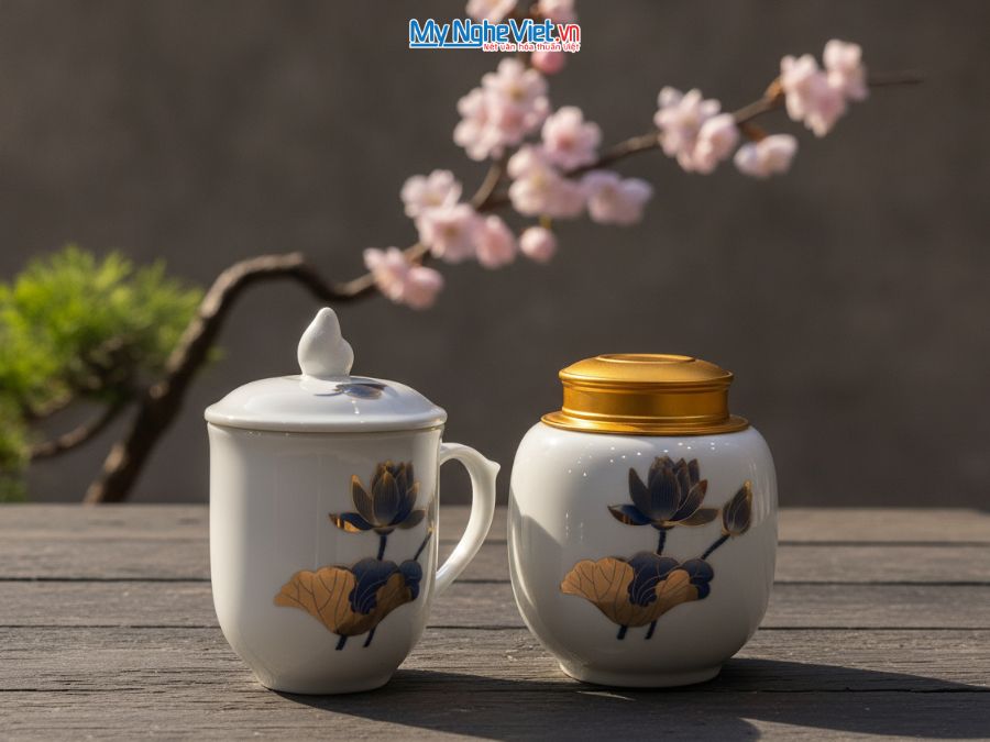 Set Ly sứ và Hũ trà gốm sứ cao cấp vẽ hoa sen CBG001