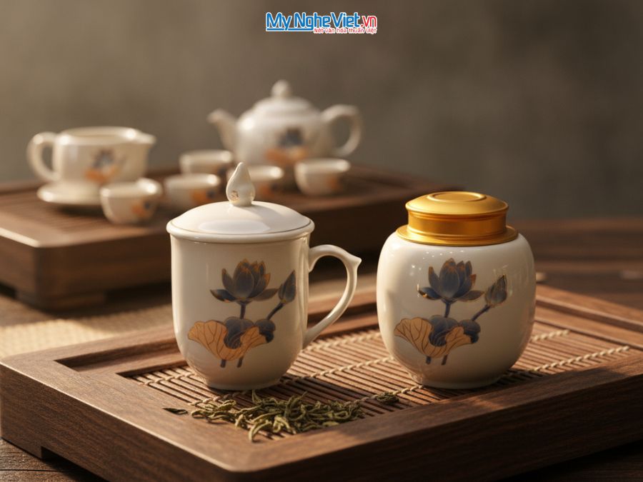 Set Ly sứ và Hũ trà gốm sứ cao cấp vẽ hoa sen CBG001