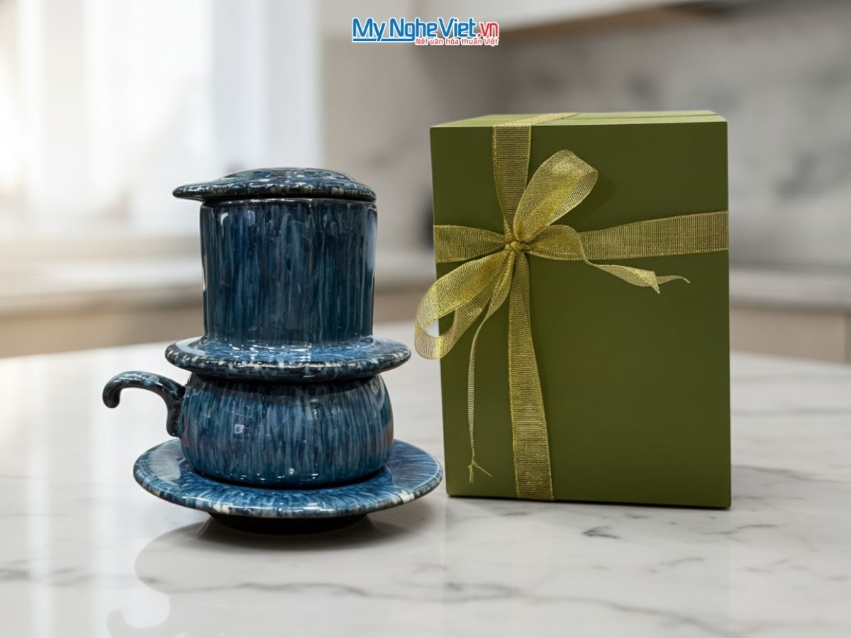 Bộ quà tặng Phin cà phê thấp men hỏa biến và Hộp quà tặng cao cấp MNV-CFVH03