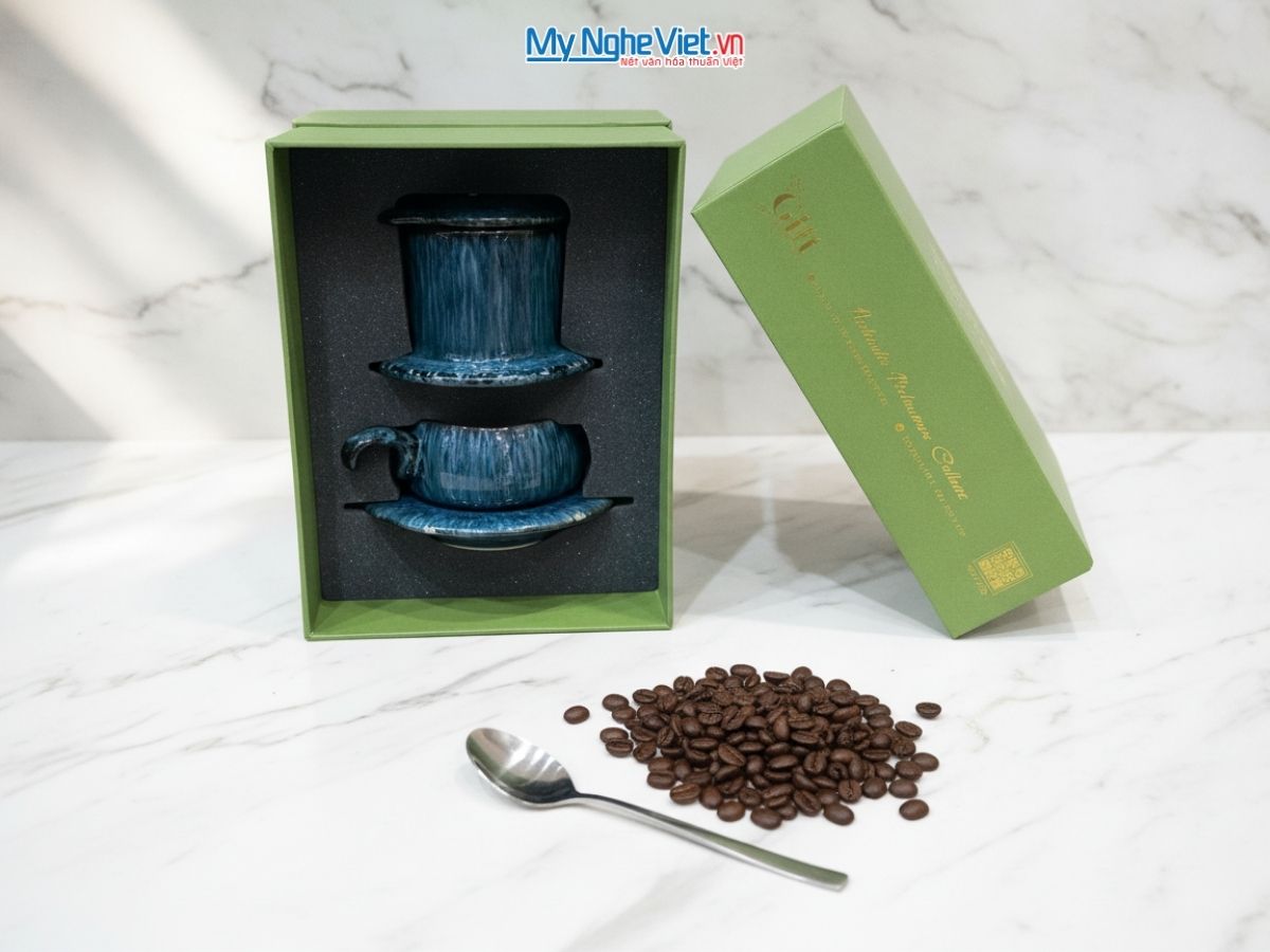 Bộ quà tặng Phin cà phê thấp men hỏa biến và Hộp quà tặng cao cấp MNV-CFVH03