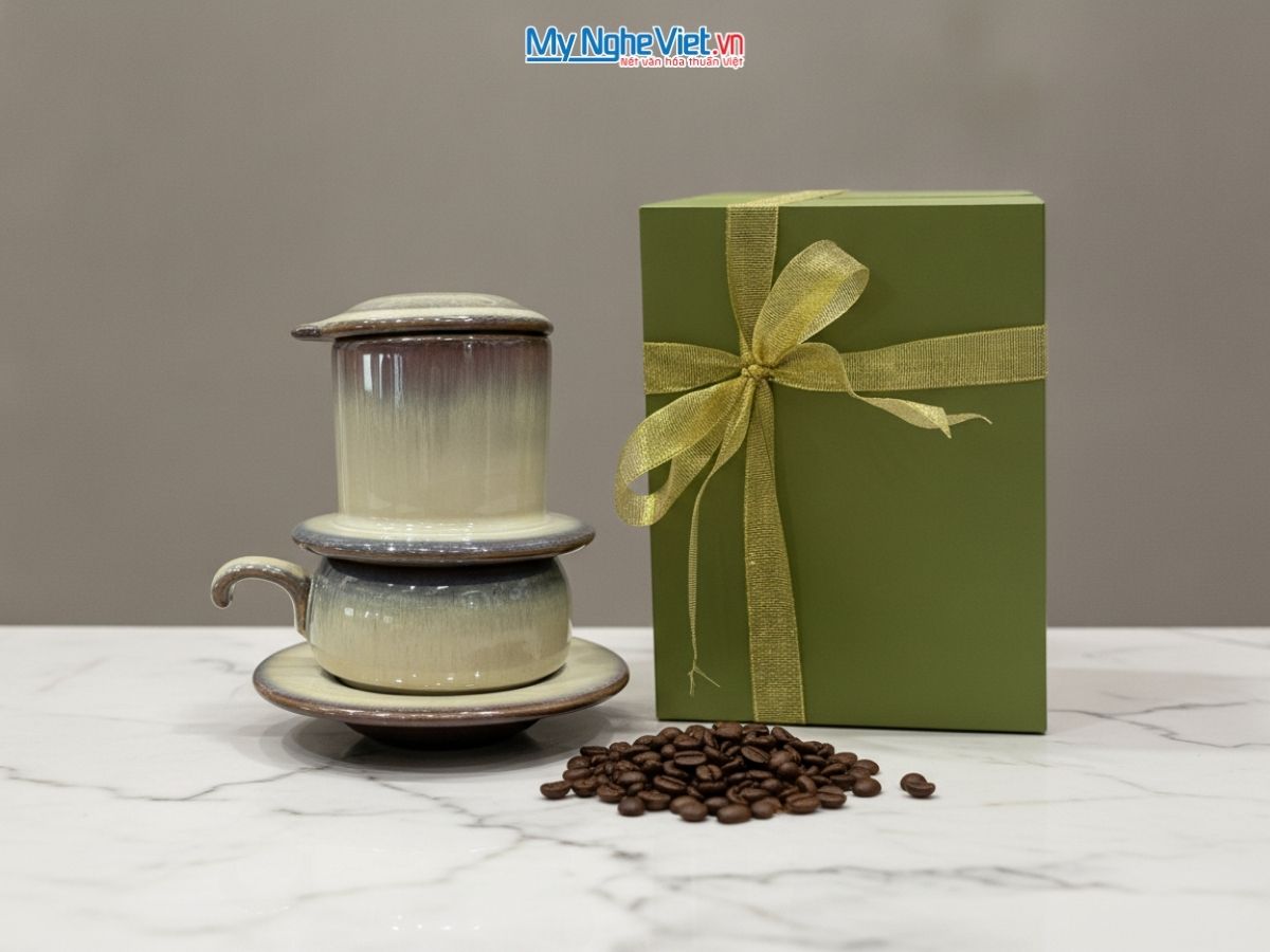 Bộ quà tặng Phin cà phê thấp men hỏa biến và Hộp quà tặng cao cấp MNV-CFVH03/2