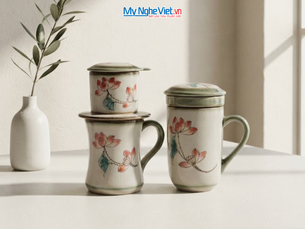 Set quà tặng gốm sứ - Quà tặng doanh nghiệp - Phin cà phê & Ly lọc trà hoa sen CBCFV002-5