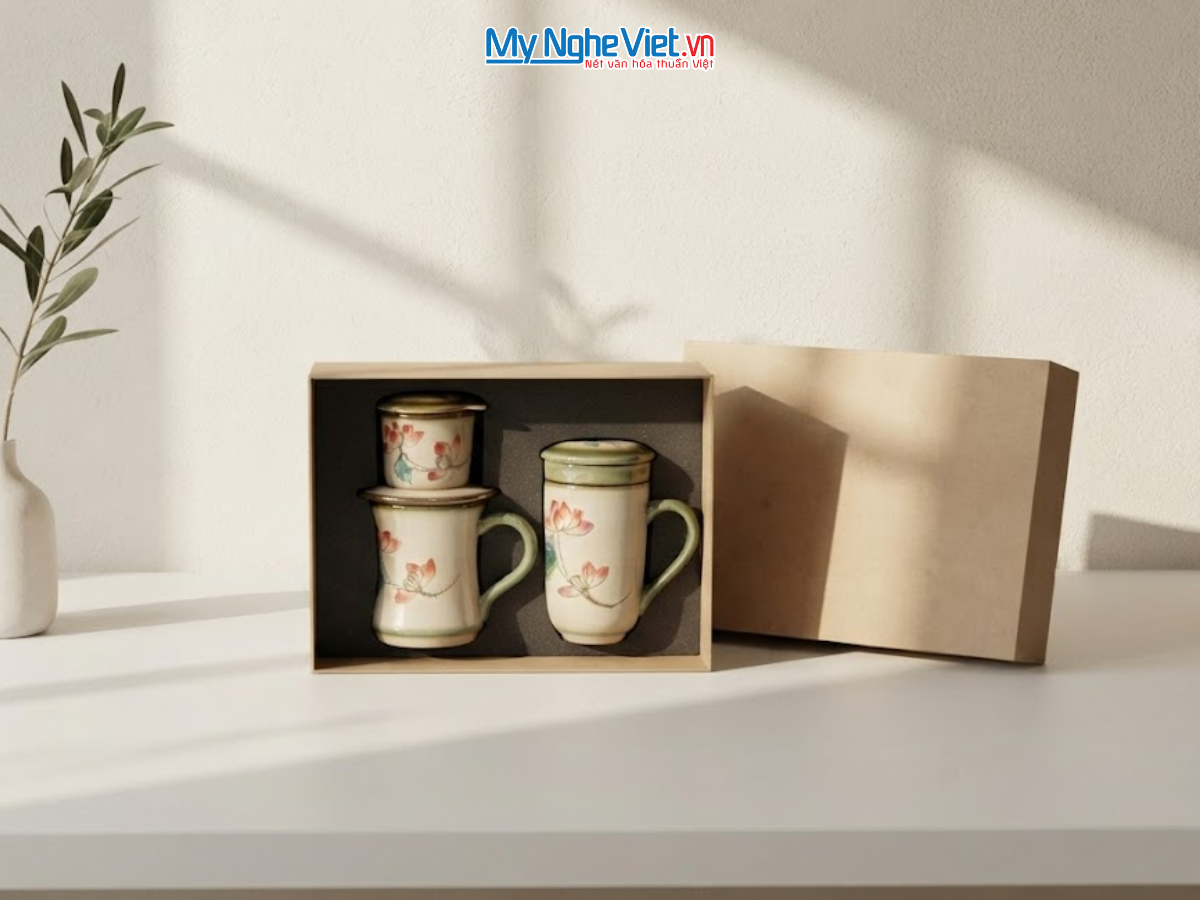 Set quà tặng gốm sứ - Quà tặng doanh nghiệp - Phin cà phê & Ly lọc trà hoa sen CBCFV002-5