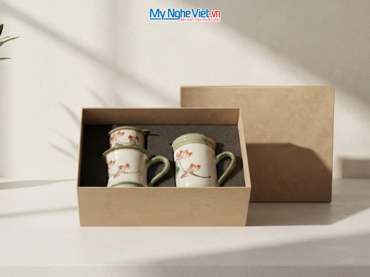 Set quà tặng gốm sứ - Quà tặng doanh nghiệp - Phin cà phê & Ly lọc trà hoa sen CBCFV002-5