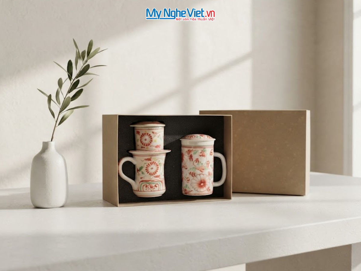 Set quà tặng gốm sứ - Quà tặng doanh nghiệp - Phin cà phê & Ly lọc trà hoa cúc