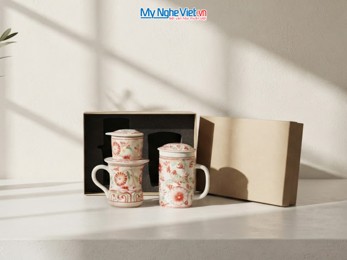 Set quà tặng gốm sứ - Quà tặng doanh nghiệp - Phin cà phê & Ly lọc trà hoa cúc