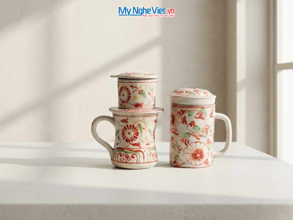Set quà tặng gốm sứ - Quà tặng doanh nghiệp - Phin cà phê & Ly lọc trà hoa cúc