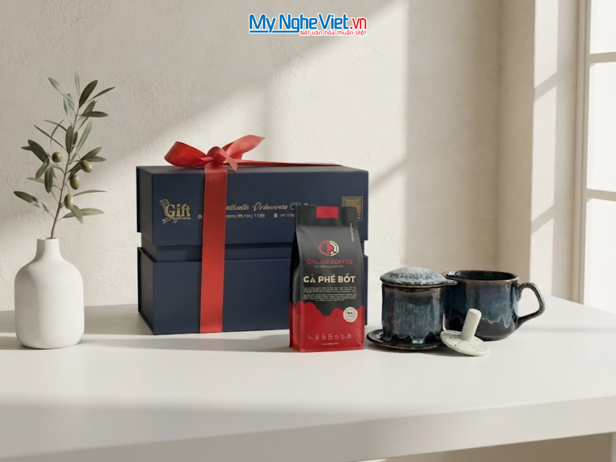 Set quà tặng gốm sứ - Quà tặng doanh nghiệp - Phin cà phê men hỏa biến & Gói cà phê rang xay