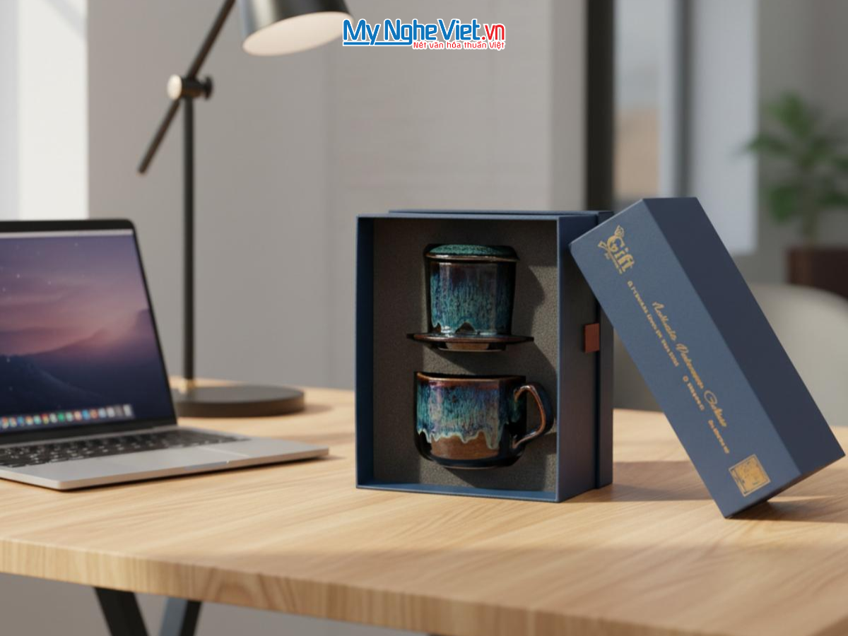 Set quà tặng gốm sứ - Quà tặng doanh nghiệp - Phin cà phê men hỏa biến & Gói cà phê rang xay