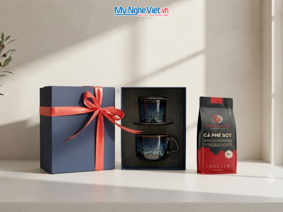 Set quà tặng gốm sứ - Quà tặng doanh nghiệp - Phin cà phê men hỏa biến & Gói cà phê rang xay