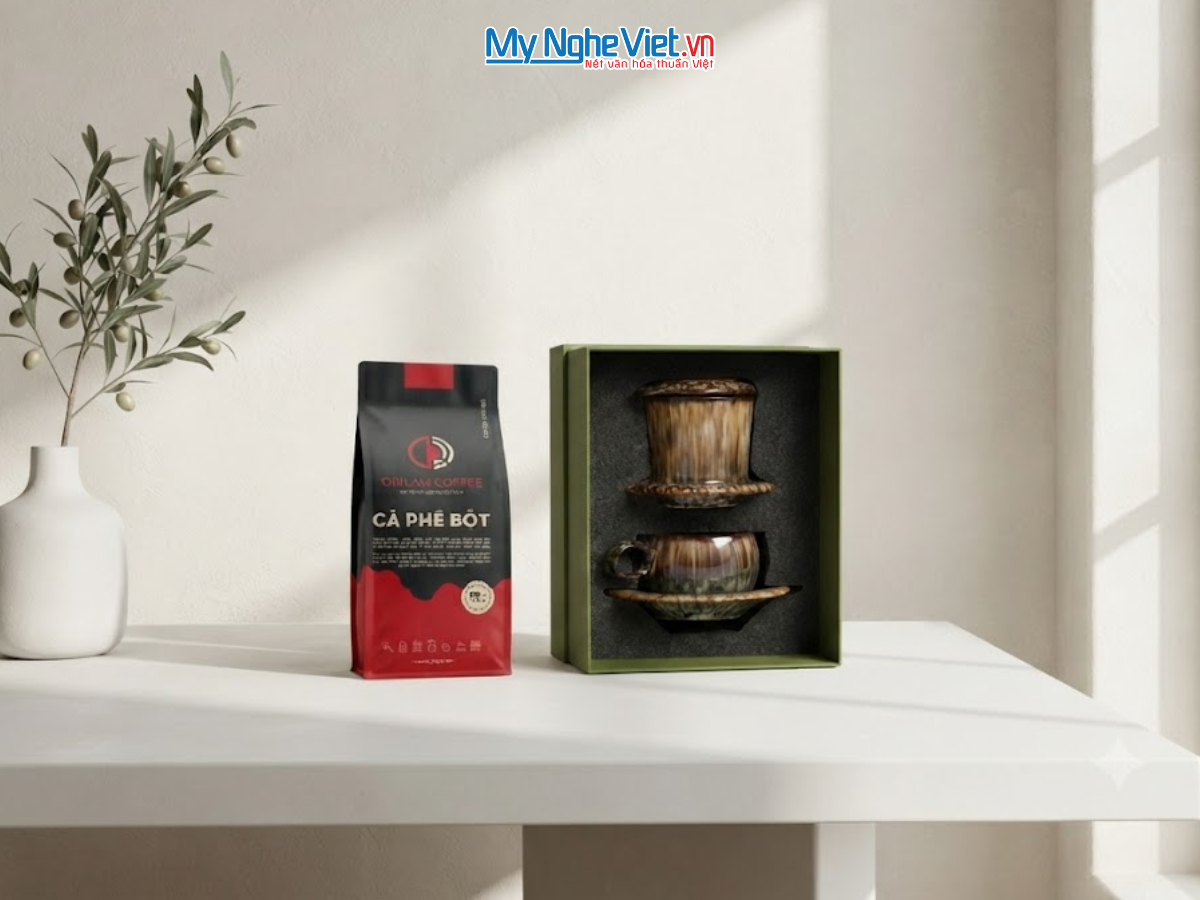 Set quà tặng gốm sứ - Quà tặng doanh nghiệp - Phin cà phê men hỏa biến & Gói cà phê rang xay