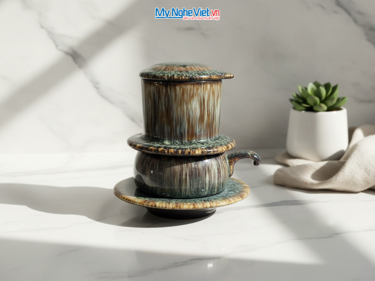 Set quà tặng gốm sứ - Quà tặng doanh nghiệp - Phin cà phê men hỏa biến & Gói cà phê rang xay