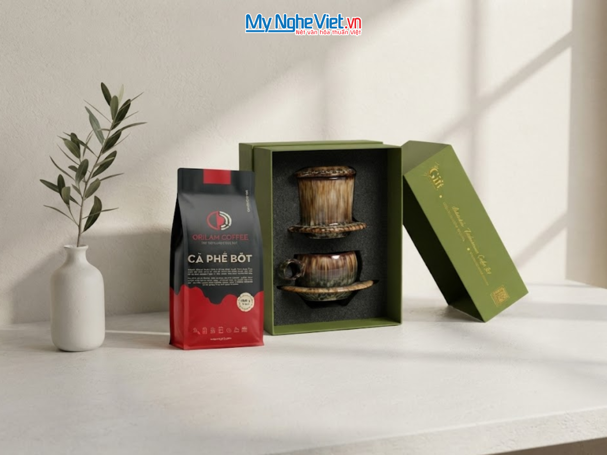 Set quà tặng gốm sứ - Quà tặng doanh nghiệp - Phin cà phê men hỏa biến & Gói cà phê rang xay