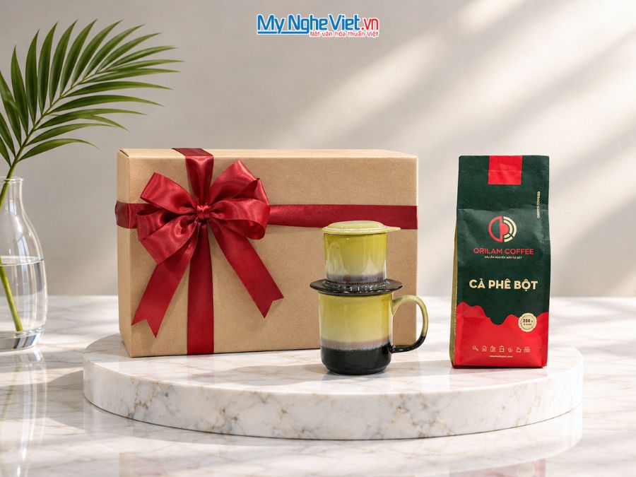 Set Quà Tặng Phin Cà Phê Men Hỏa Biến Màu Vàng & Cà Phê Rang Xay Orilam Coffee