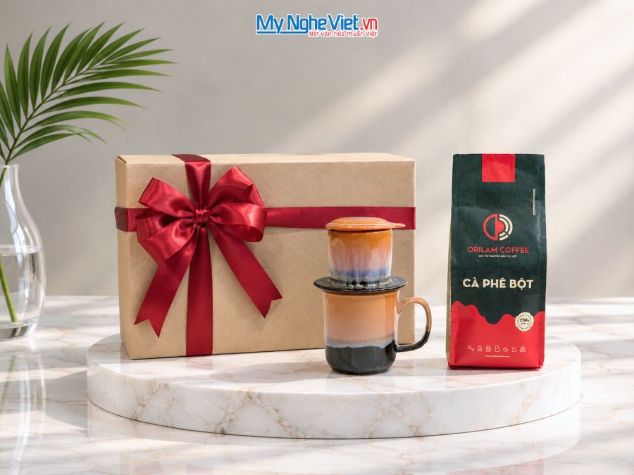Set Quà Tặng Phin Cà Phê Men Hỏa Biến Màu Cam & Cà Phê Rang Xay Orilam Coffee