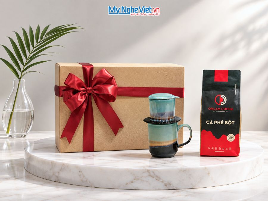 Set Quà Tặng Phin Cà Phê Men Hỏa Biến Màu Xanh Ngọc & Cà Phê Rang Xay Orilam Coffee