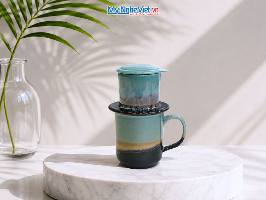 Set Quà Tặng Phin Cà Phê Men Hỏa Biến Màu Xanh Ngọc & Cà Phê Rang Xay Orilam Coffee